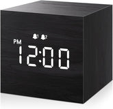 Digital Alarm Clock, with Wooden Electronic LED Time Display, Dual Alarm, 2.5-inch Cubic Small Mini Wood Made Electric Clocks for Bedroom, Bedside, Desk, Black