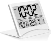 Digital Travel Alarm Clock - Foldable Calendar Temperature Timer LCD Clock with Snooze Mode - Large Number Display, Battery Operated - Compact Desk Clock(Silver, No Backlight)