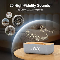 15W Fast Magnetic Wireless Charging Alarm Clock with White Noise Machine, Woodgrain Style, 20 High‑Fidelity Sounds, Gradual Wake & Snooze, 0–100% Dimmable Digital Clock, Bedroom & Office