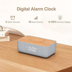 15W Fast Magnetic Wireless Charging Alarm Clock with White Noise Machine, Woodgrain Style, 20 High‑Fidelity Sounds, Gradual Wake & Snooze, 0–100% Dimmable Digital Clock, Bedroom & Office