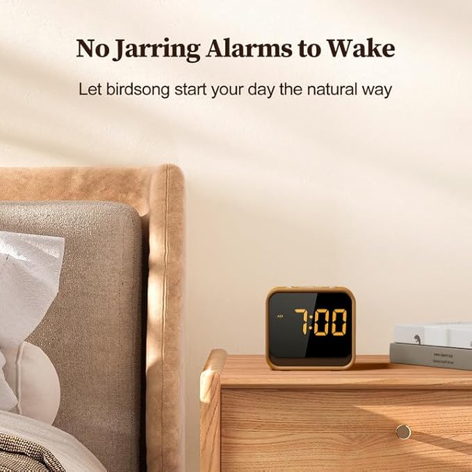 Wooden Sound Machine Alarm Clock for Bedrooms - Gentle Wake-Up with Birdsong, White Noise for Sleeping, Small Digital Clock for Phone-Free Routine
