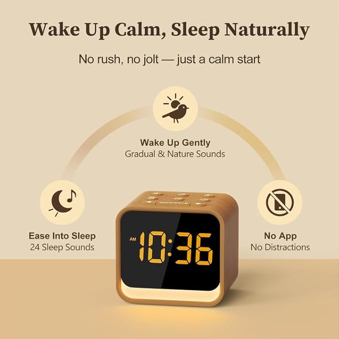 Wooden Sound Machine Alarm Clock for Bedrooms - Gentle Wake-Up with Birdsong, White Noise for Sleeping, Small Digital Clock for Phone-Free Routine