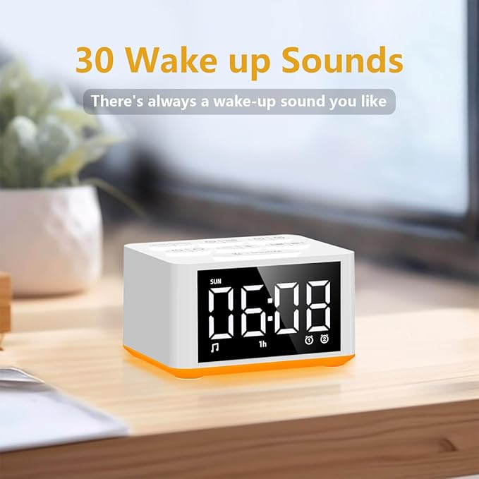 Small Sunrise Digital Alarm Clock Desk Bedroom Bedside Clock with 2 Alarm Settings Snooze & Wake Up Light Sound White Noise Machine 27 Sleep Sounds Ideal Gift for Kids Adults Heavy Sleepers