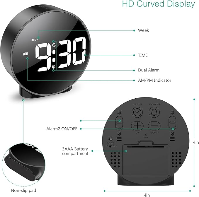 Digital Alarm Clock, HD LED Display Alarm Clock, Simple Table Clock, Electronic Desk Clock, Dual Alarms, 12/24Hr, 4 Adjustable Brightness for Bedroom, Office, Table, Black