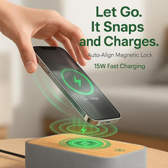 15W Fast Magnetic Wireless Charging Alarm Clock with White Noise Machine, Woodgrain Style, 20 High‑Fidelity Sounds, Gradual Wake & Snooze, 0–100% Dimmable Digital Clock, Bedroom & Office