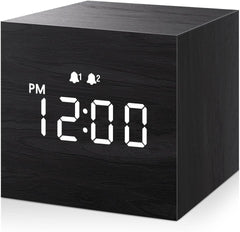 Digital Alarm Clock, with Wooden Electronic LED Time Display, Dual Alarm, 2.5-inch Cubic Small Mini Wood Made Electric Clocks for Bedroom, Bedside, Desk, Black