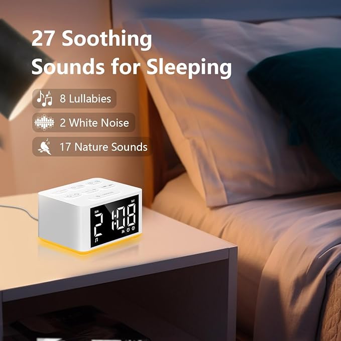 Small Sunrise Digital Alarm Clock Desk Bedroom Bedside Clock with 2 Alarm Settings Snooze & Wake Up Light Sound White Noise Machine 27 Sleep Sounds Ideal Gift for Kids Adults Heavy Sleepers