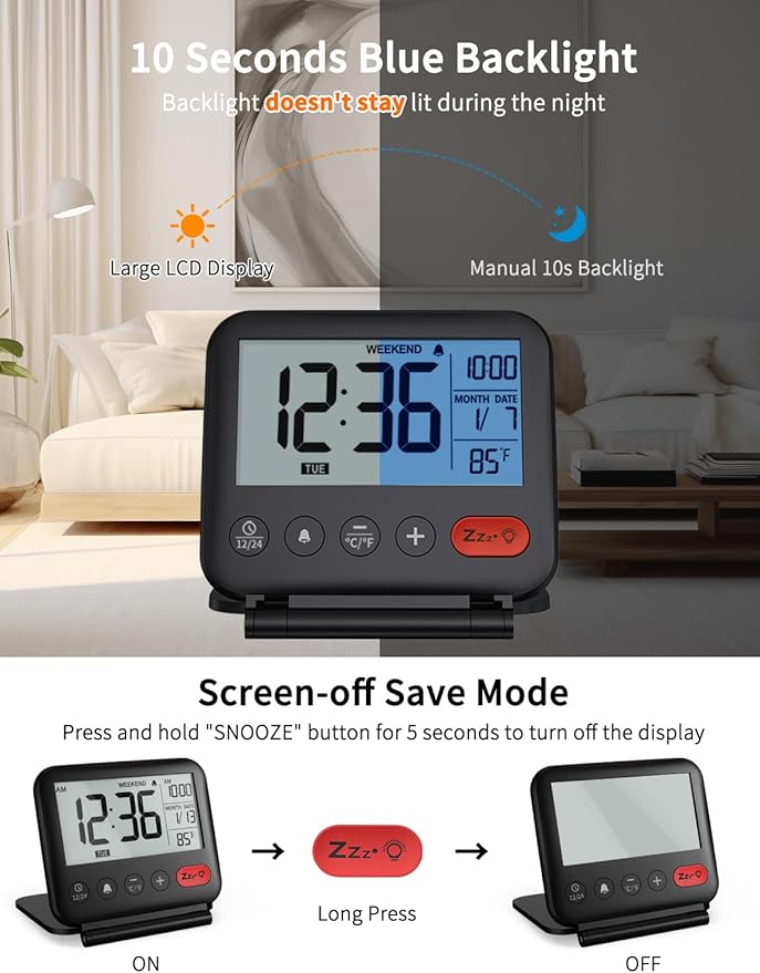 Digital Travel Alarm Clock for Bedroom Office: Small LCD Desk Clock with Backlight Date Temperature Snooze 12/24H Weekend Mode and Mirror, Battery Powered Folding Bedside Clock for Adult Kids