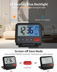 Digital Travel Alarm Clock for Bedroom Office: Small LCD Desk Clock with Backlight Date Temperature Snooze 12/24H Weekend Mode and Mirror, Battery Powered Folding Bedside Clock for Adult Kids