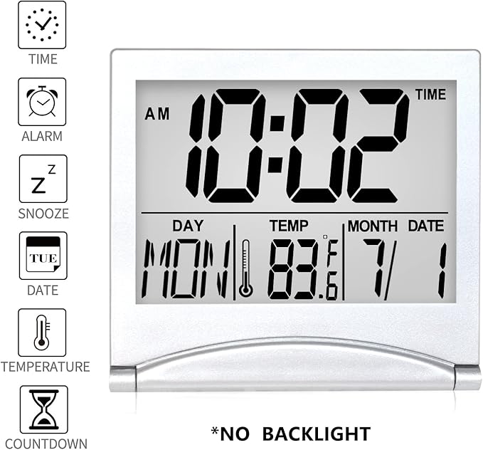 Digital Travel Alarm Clock - Foldable Calendar Temperature Timer LCD Clock with Snooze Mode - Large Number Display, Battery Operated - Compact Desk Clock(Silver, No Backlight)
