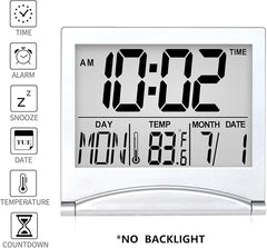 Digital Travel Alarm Clock - Foldable Calendar Temperature Timer LCD Clock with Snooze Mode - Large Number Display, Battery Operated - Compact Desk Clock(Silver, No Backlight)