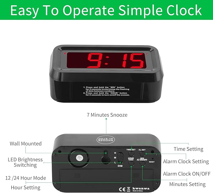 Alarm Clock, LED Digital Clock, Small Wall Clock, Battery Operated, Adjustable 3-Level Led Brightness, Dim Night Mode, 12/24Hr, Cordless, Constantly 1.2'' Digits Display for Bedroom/Travel,Easy to Set