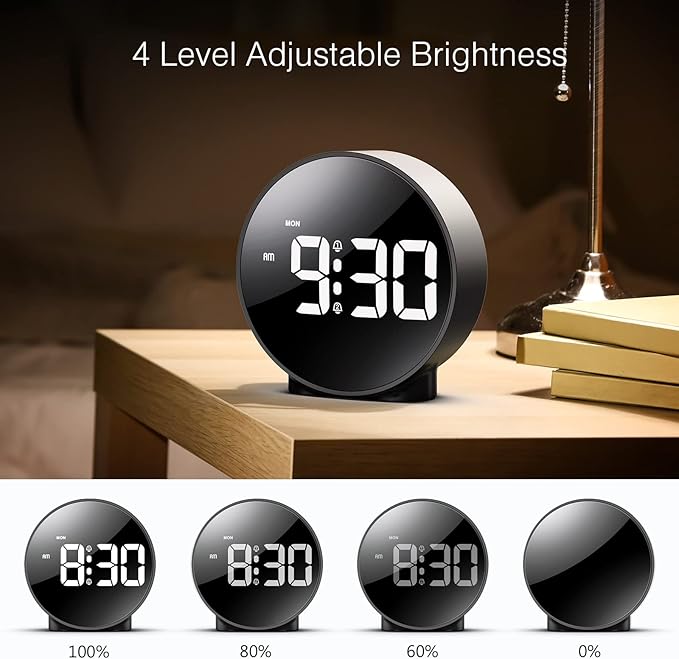 Digital Alarm Clock, HD LED Display Alarm Clock, Simple Table Clock, Electronic Desk Clock, Dual Alarms, 12/24Hr, 4 Adjustable Brightness for Bedroom, Office, Table, Black