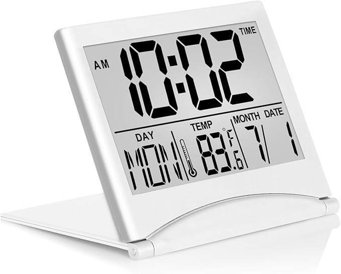 Digital Travel Alarm Clock - Foldable Calendar Temperature Timer LCD Clock with Snooze Mode - Large Number Display, Battery Operated - Compact Desk Clock(Silver, No Backlight)