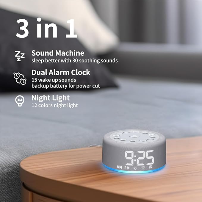 Sound Machine Alarm Clock Brown Noise White Noise Machine Night Light with Dual Alarms Backup Battery 30 Sleeping Sounds for Baby Kids Adults 32 Level Volume 5 Timers 15 Wake Up Sounds Memory Function
