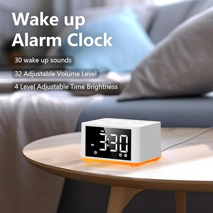 Small Sunrise Digital Alarm Clock Desk Bedroom Bedside Clock with 2 Alarm Settings Snooze & Wake Up Light Sound White Noise Machine 27 Sleep Sounds Ideal Gift for Kids Adults Heavy Sleepers