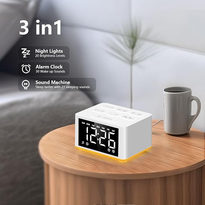 Small Sunrise Digital Alarm Clock Desk Bedroom Bedside Clock with 2 Alarm Settings Snooze & Wake Up Light Sound White Noise Machine 27 Sleep Sounds Ideal Gift for Kids Adults Heavy Sleepers