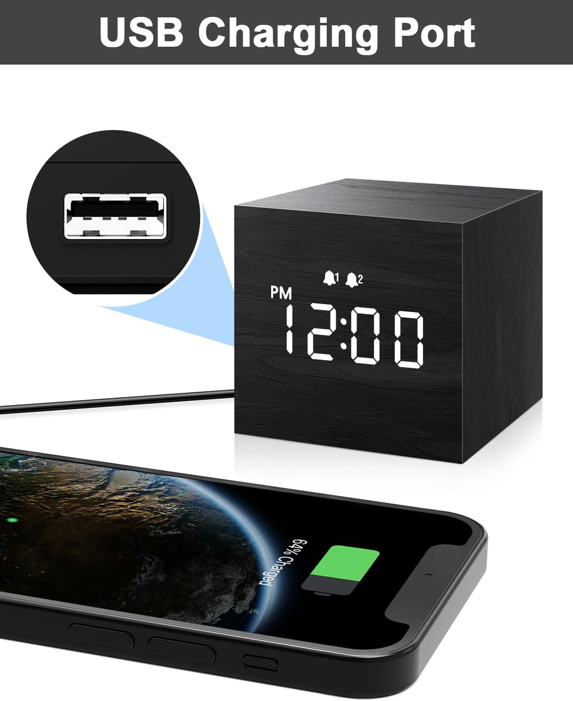 Digital Alarm Clock, with Wooden Electronic LED Time Display, Dual Alarm, 2.5-inch Cubic Small Mini Wood Made Electric Clocks for Bedroom, Bedside, Desk, Black