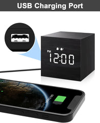 Digital Alarm Clock, with Wooden Electronic LED Time Display, Dual Alarm, 2.5-inch Cubic Small Mini Wood Made Electric Clocks for Bedroom, Bedside, Desk, Black