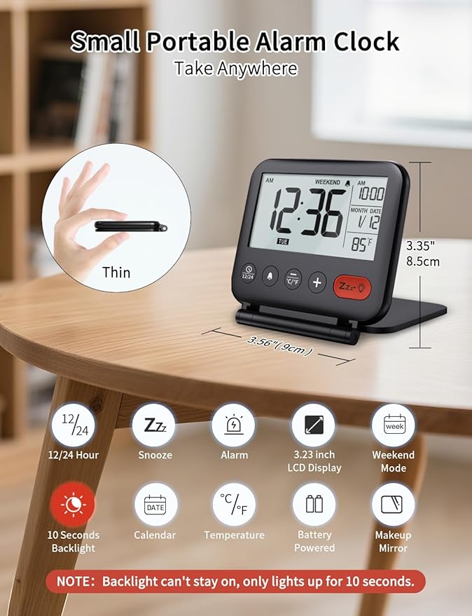 Digital Travel Alarm Clock for Bedroom Office: Small LCD Desk Clock with Backlight Date Temperature Snooze 12/24H Weekend Mode and Mirror, Battery Powered Folding Bedside Clock for Adult Kids
