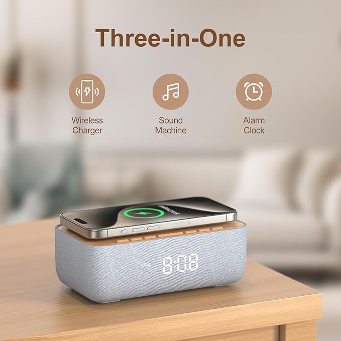 15W Fast Magnetic Wireless Charging Alarm Clock with White Noise Machine, Woodgrain Style, 20 High‑Fidelity Sounds, Gradual Wake & Snooze, 0–100% Dimmable Digital Clock, Bedroom & Office