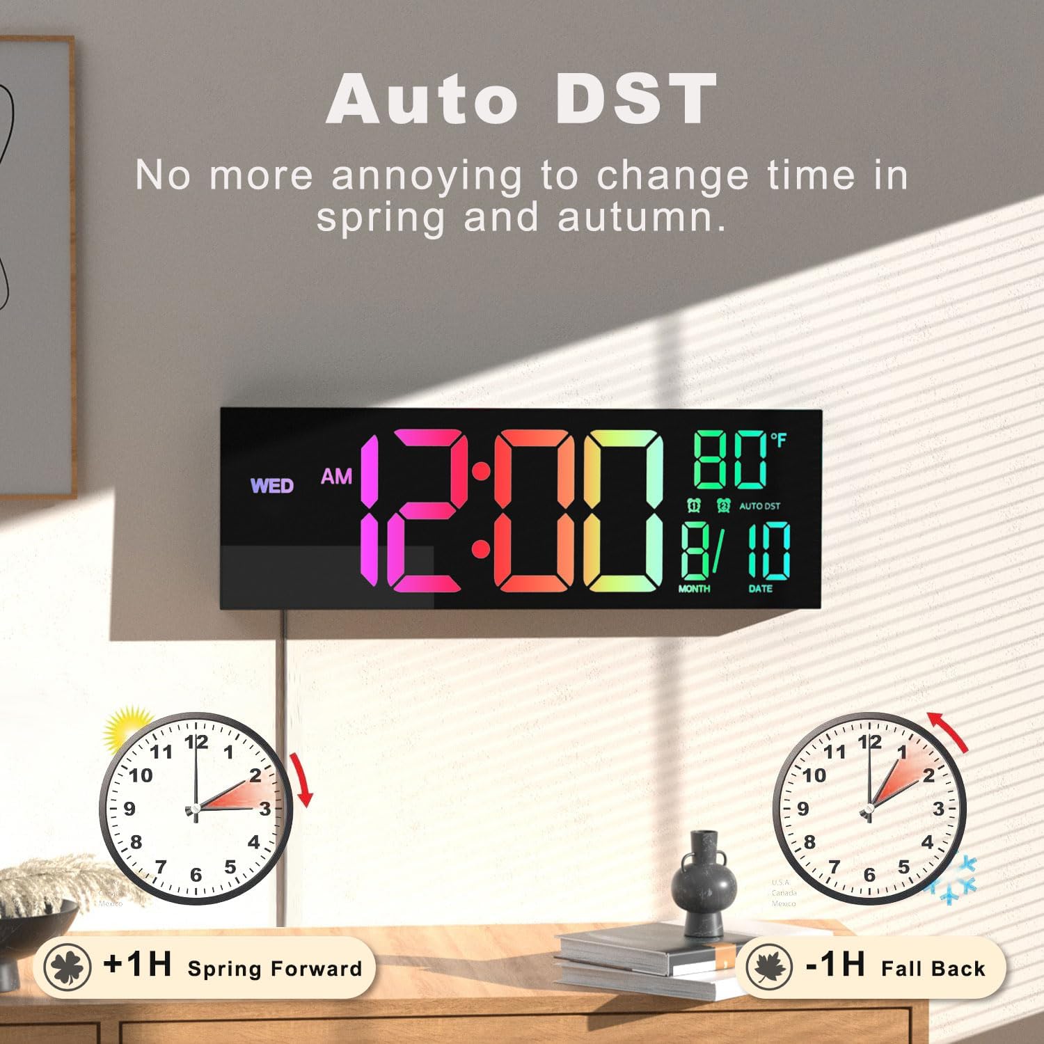 16" Large Digital Wall Mount Clock, Count Down Timer, Alarm, Big LED, 8 RGB Color, DST, Temperature for Living Room Classroom Desk, Xmas, Birthday Gift for Senior Mom Dad (Black, 16 inches)