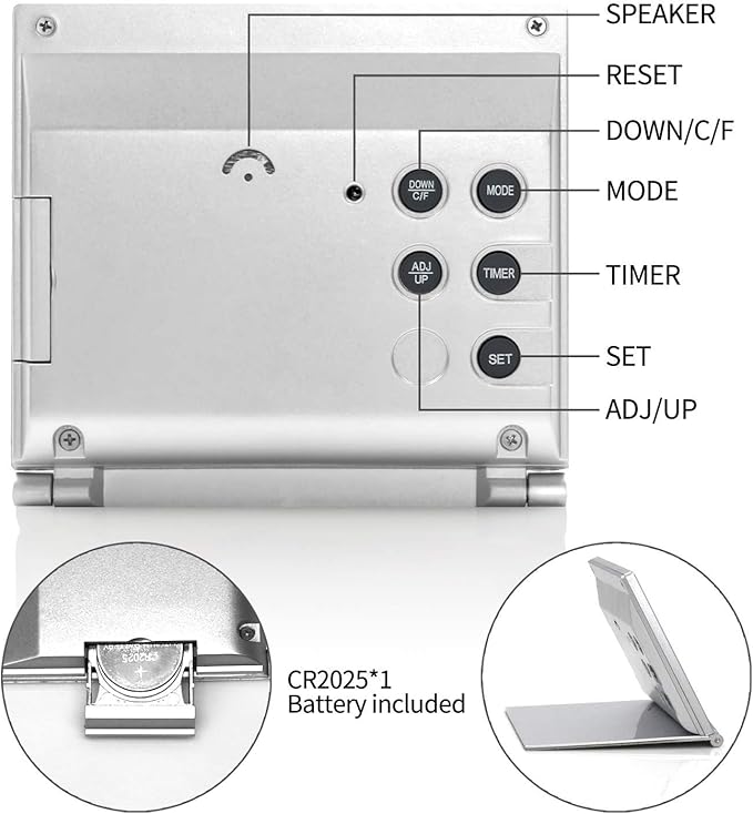 Digital Travel Alarm Clock - Foldable Calendar Temperature Timer LCD Clock with Snooze Mode - Large Number Display, Battery Operated - Compact Desk Clock(Silver, No Backlight)