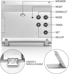 Digital Travel Alarm Clock - Foldable Calendar Temperature Timer LCD Clock with Snooze Mode - Large Number Display, Battery Operated - Compact Desk Clock(Silver, No Backlight)