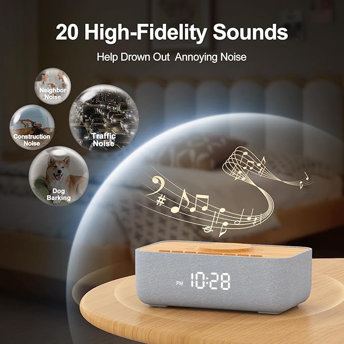 15W Fast Magnetic Wireless Charging Alarm Clock with White Noise Machine, Woodgrain Style, 20 High‑Fidelity Sounds, Gradual Wake & Snooze, 0–100% Dimmable Digital Clock, Bedroom & Office