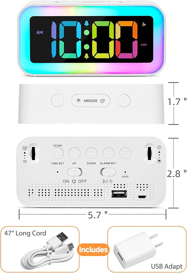 Loud Alarm Clock for Bedrooms with Dynamic RGB Night Light,Heavy Sleepers Adults,Dual Alarm,Dimmer,USB Charger,Small Bedside Digital Clock with Led Display for Kids,Teens,Seniors (White)