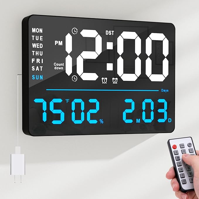 16" LED Digital Wall Clock with Large Display,Alarm Clock with Digital Calendar for Living Room, Bedroom,Office,Shop,Gym Decor,Seniors,Gift for Elderly (Powered by Plug-in Only)