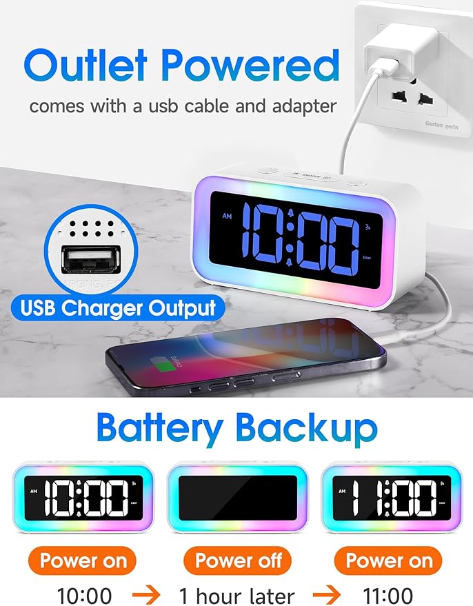 Loud Alarm Clock for Bedrooms with Dynamic RGB Night Light,Heavy Sleepers Adults,Dual Alarm,Dimmer,USB Charger,Small Bedside Digital Clock with Led Display for Kids,Teens,Seniors (White)