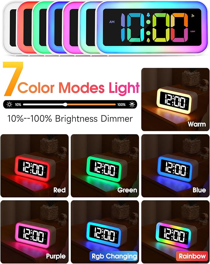 Loud Alarm Clock for Bedrooms with Dynamic RGB Night Light,Heavy Sleepers Adults,Dual Alarm,Dimmer,USB Charger,Small Bedside Digital Clock with Led Display for Kids,Teens,Seniors (White)