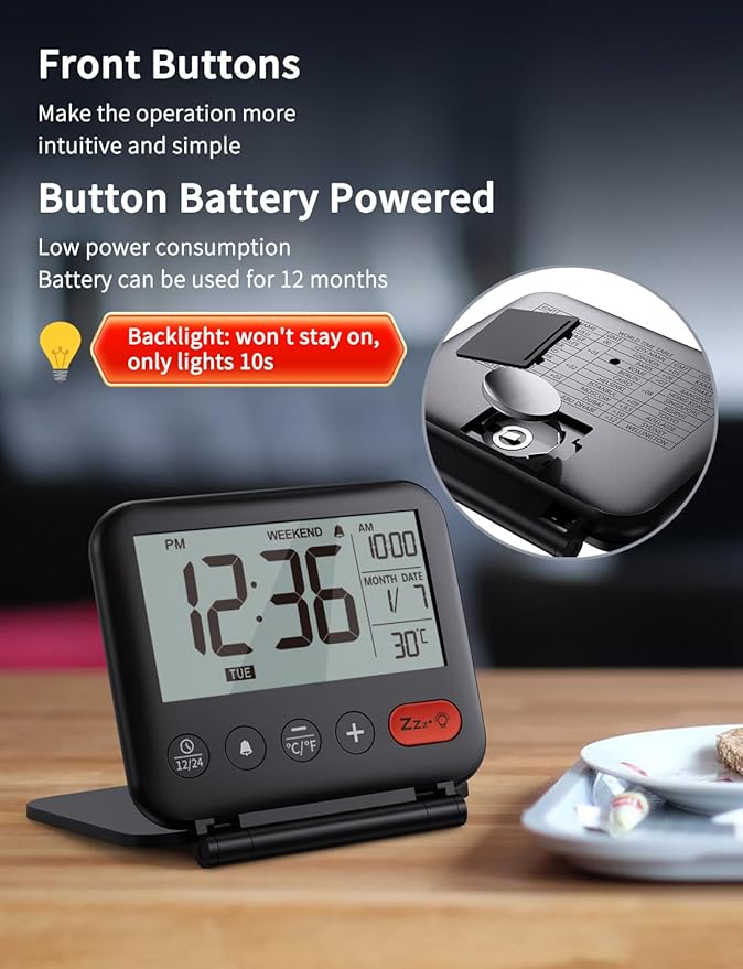 Digital Travel Alarm Clock for Bedroom Office: Small LCD Desk Clock with Backlight Date Temperature Snooze 12/24H Weekend Mode and Mirror, Battery Powered Folding Bedside Clock for Adult Kids