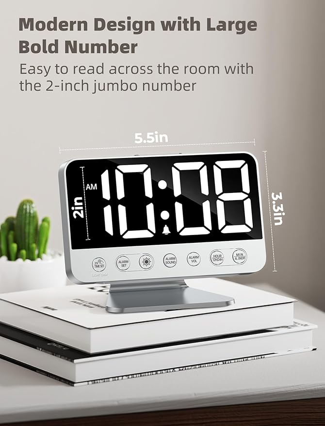 Digital Alarm Clocks for Bedrooms: Large Bold Number 5 Brightness Dimmer - Easy to Read Across The Room - 5 Alarm Sound 8 Night Light - Silver